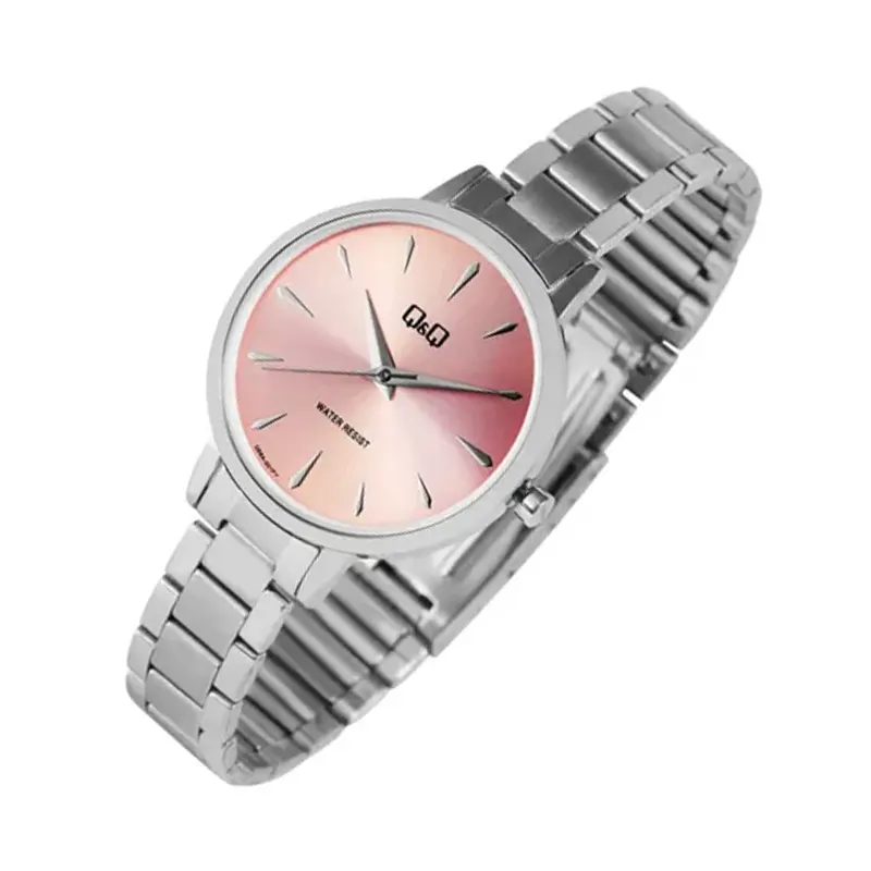 Q&Q Pink Dial Silver Quartz Ladies Watch- Q56A-001PY